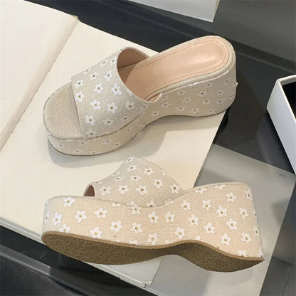 New Summer Flower Platform Wedges Woman Slippers Open Toe Chunky High Heels Slides Shoes