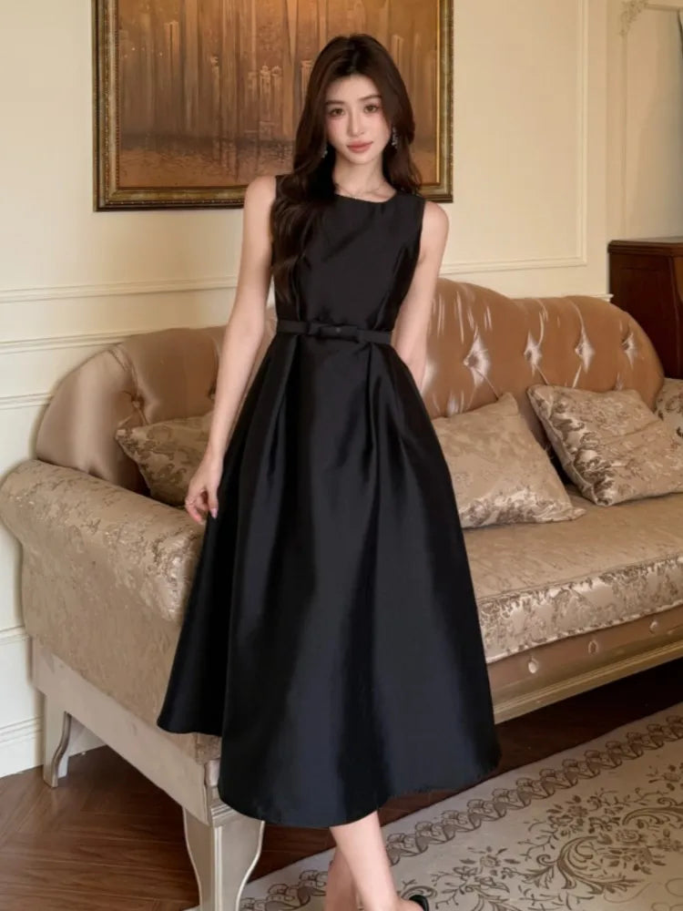 Black Midi Dress for Hepburn Style Sleeveless Evening Party Dresses Summer Aline Vestidos Robe New