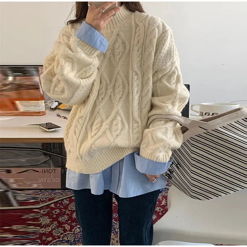 Thick Twisted Sweater Autumn Long Sleeve O-neck Female Knitted Pullover Loose Lady Kintwear Tops