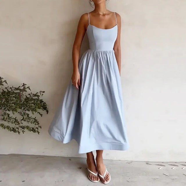 Spaghetti Strap A-line Maxi Dresses Low Cut Sleeveless Big Skirt Dress Summer New Party Vestido