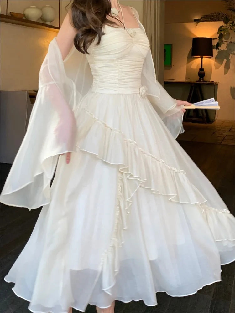 Summer French Midi Dresses Folds Ruffle Party Prom Robe Fairycore Neck Mounted New Dress