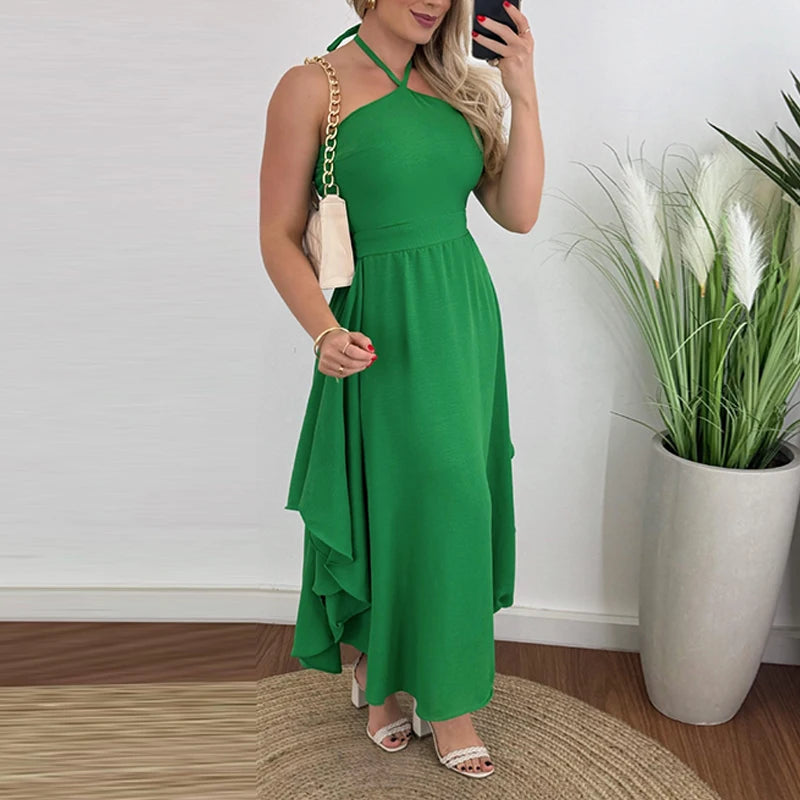 Halter Hollow Sleeveless Holiday Dress New Summer Print Ruffle Long Dress Backless Slim Party Dresses