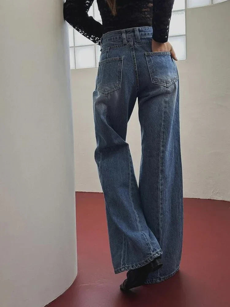 High Waist Loose Pockets Jeans Blue Wide Leg Pants Y2k New Autumn Winter Jeans