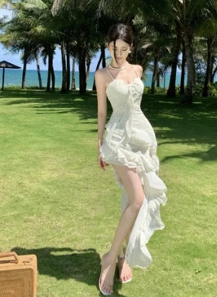 Summer Club Sling Print Slim Fairy Dress Irregular Layered Ruffles Backless Holiday Party Long Dress New