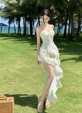 Summer Club Sling Print Slim Fairy Dress Irregular Layered Ruffles Backless Holiday Party Long Dress New