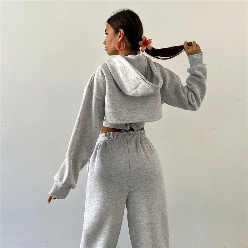 Lace Up Pants Sets Slim Splice Tank Tops Woman Long Sleeve Short Hoodies and Pant Suits Outfits Winter