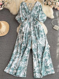 Print Puff Sleeve V Neck Jumpsuits Summer New High Waist One Piece Female Straight Wide Leg Pants