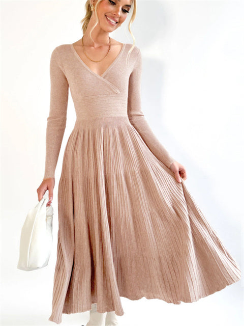 V-neck Backless Knit Maxi Dress for Slim Party Dress High Waist Ribbed Patchwork Long Dress