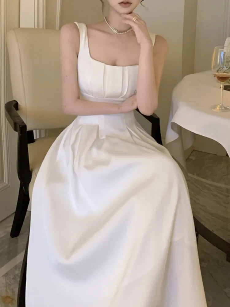 Summer Spring Dresses French Spaghetti Strap Sleeveless Princess Evening Party Midi Dress Slim Waist Vestidos Robe