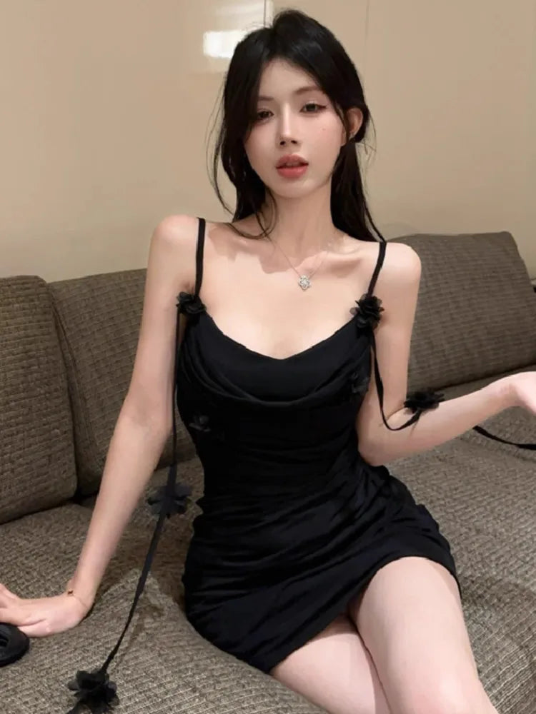 Dress Woman Sleeveless Slash Neck Flowers Slim Tassel Ruched Backless Slim Party Mini Dresses Female Club