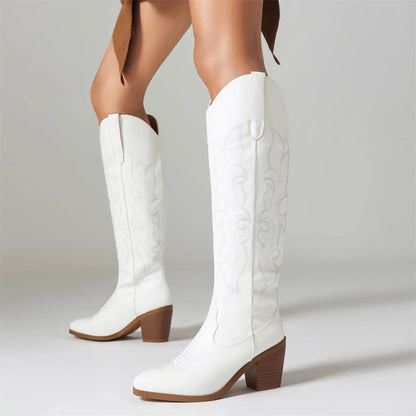 Western Cowboy Knee High Boots Pointed Toe Thick High Heeled Embroider Autumn Winter Red Long Booties Shoes Woman