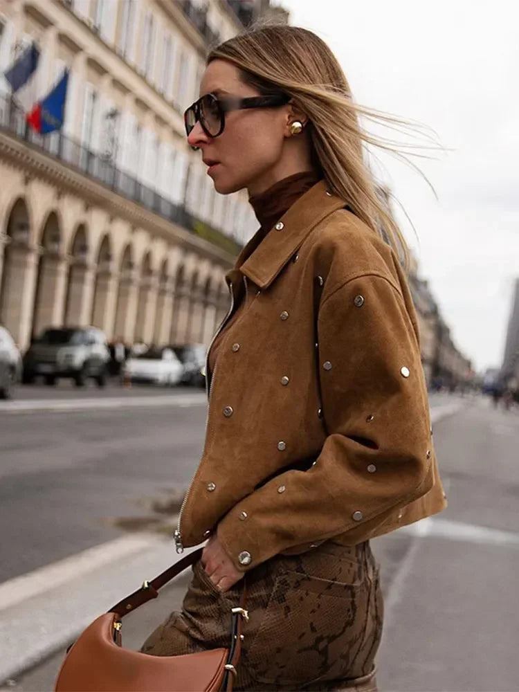 Metal Buckle Short Jacket Lapel Long Sleeves Zipper Cropped Coat Autumn New Female High Street Outwear