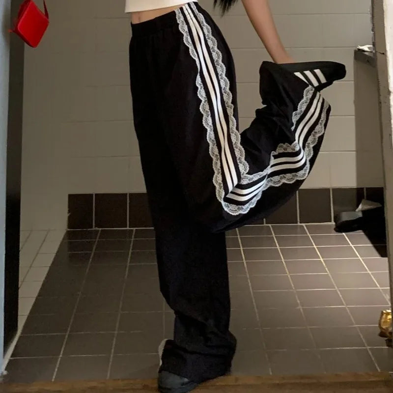 Striped Black Sports Pants Baggy Patchwork Lace Wide Leg Jogging Trousers Summer Korean Sweatpants