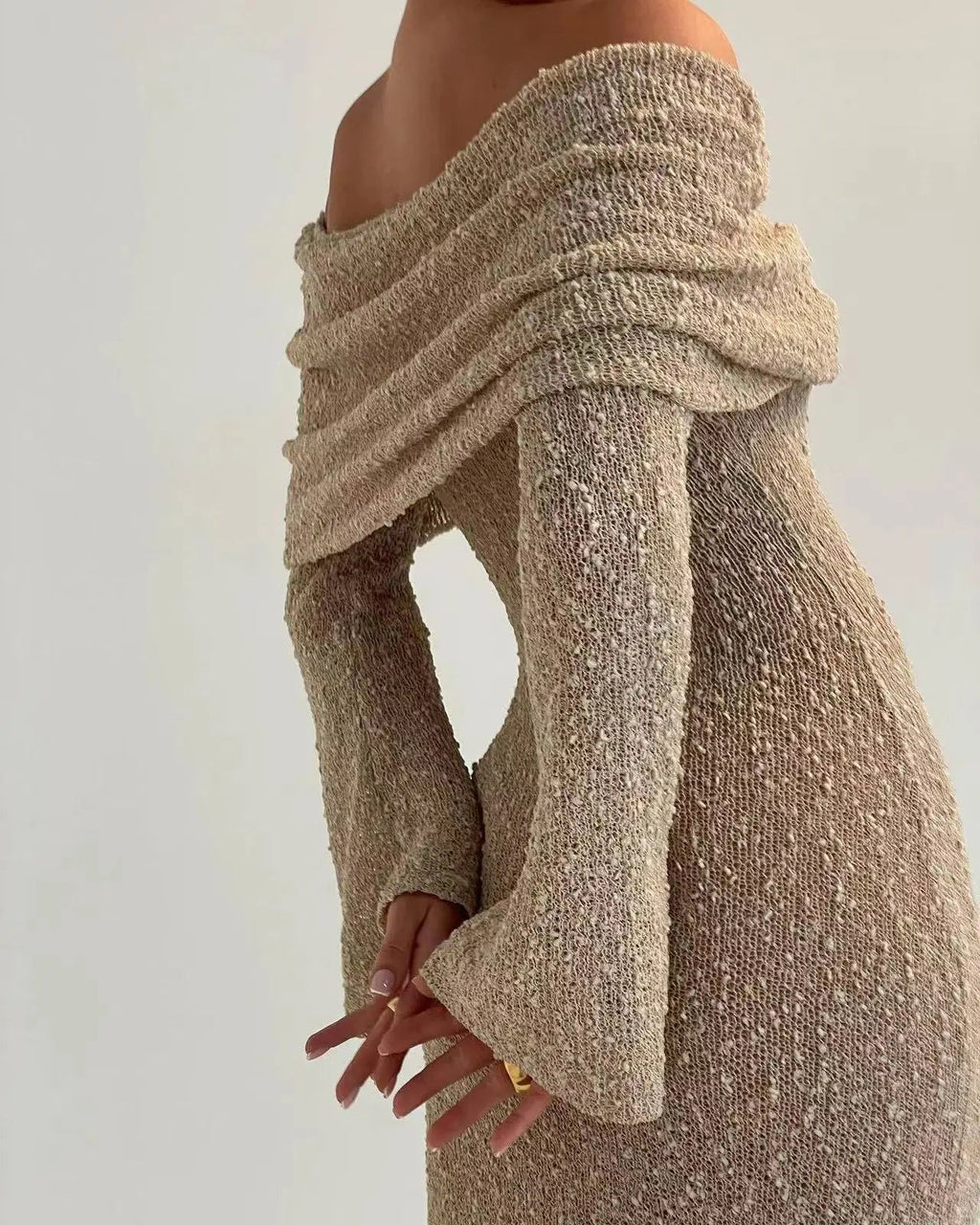 Summer Slash Neck Sunscreen Maxi Dress Long Sleeve Bodycon Knitted Vestidos Female Holiday Beachwear
