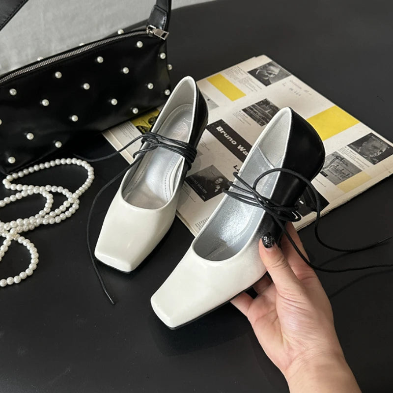 Squaretoed Mary Jane Shoes Pumps Mixed Colors Designer Slingback Shoes Female Retro Ankle Straps High Heels Mary Jane