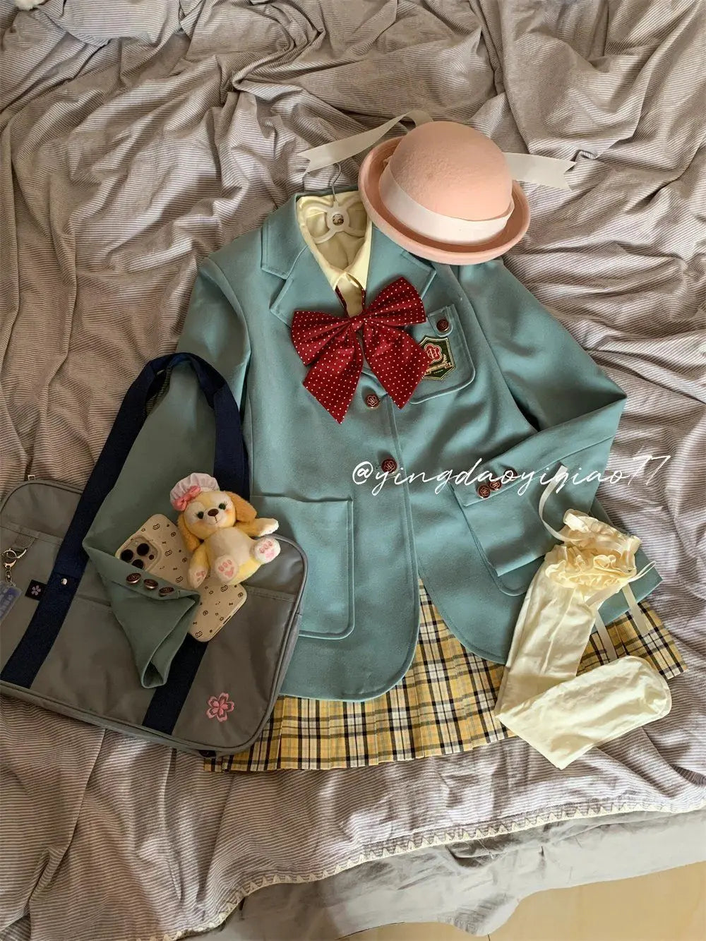 Autumn New Korean College Style Jk Uniform Suit Coat Bow Long Sleeve Shirt Plaid Pleated Skirt Set 3piece Set for