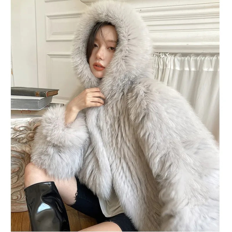 Winter Faux Fur Coat Hooded Loose Long Sleeve Outerwear High Street Fur Jacket Female Overcoats New