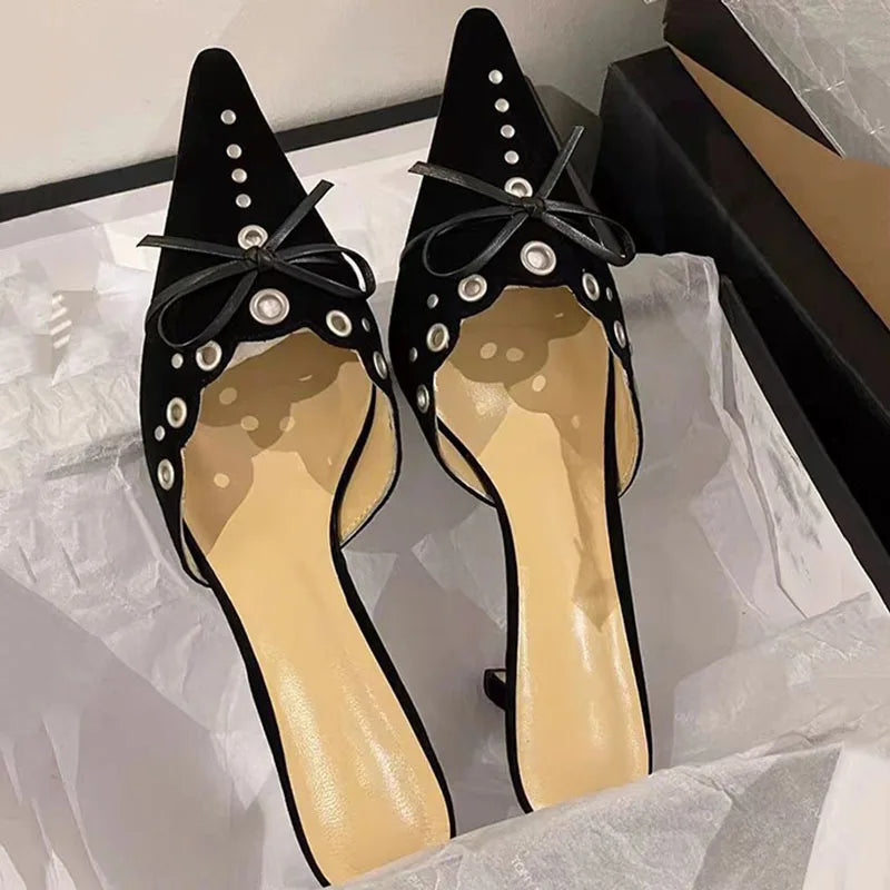 Suede Bow Cutout Pointed Toe Slippers Stiletto High Heels Metal Decorative Sandals Shallow Mules Shoes