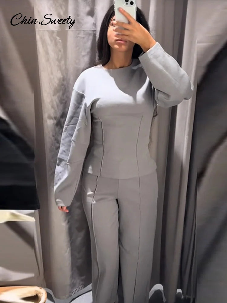 ’s 2-piece Pants Sets Long Sleeve O-neck Sweatshirts Wide Leg Pleated Trousers Autumn Lady Lazy Tracksuit