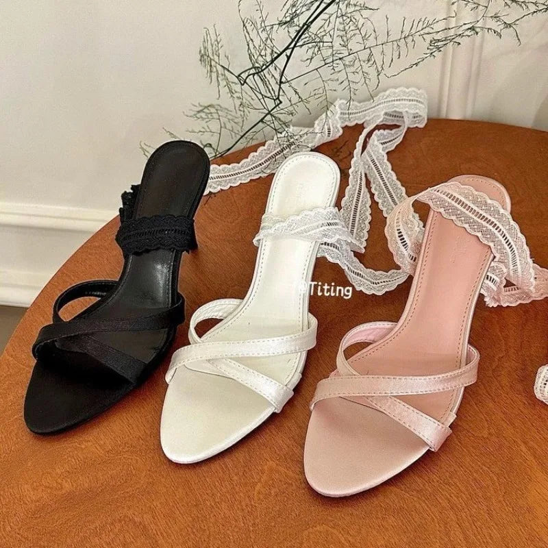 Lace Pointed Toe Heeled Sandals Stilettos Shoes Woman Slippers Slingback Summer Dress Pumps Zapatillas