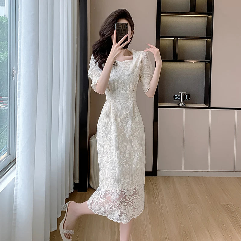 Summer White Lace Hook Flower Hollow Midi Dress Party Evening Dress Korean Festival Dress