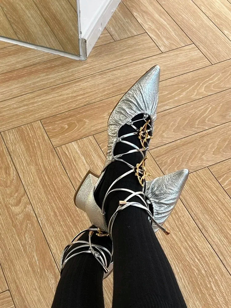 Cross Straps Sandals Pointed Toe Gold Star Detail Mixed Color Low Block Heels Ankle Lace Up Summer Rubber Shoes