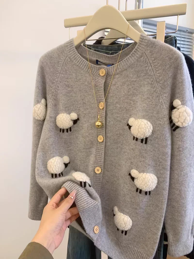 Sweet Hot Girl Threedimensional Lamb Knitted Cardigan Autumnwinter Thickened Oneck Longsleeved Loose Sweater