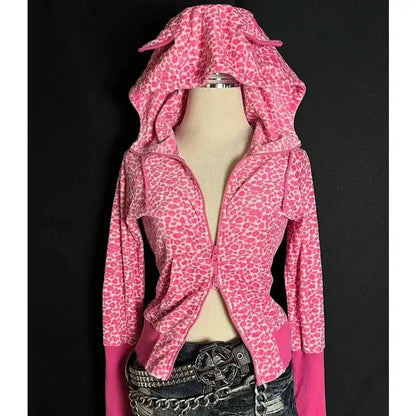 Autumn/winter American Retro Hot Girl Plum Pink Leopard Pattern Loose Hoodie Top Zipper Coat Sweatshirt for