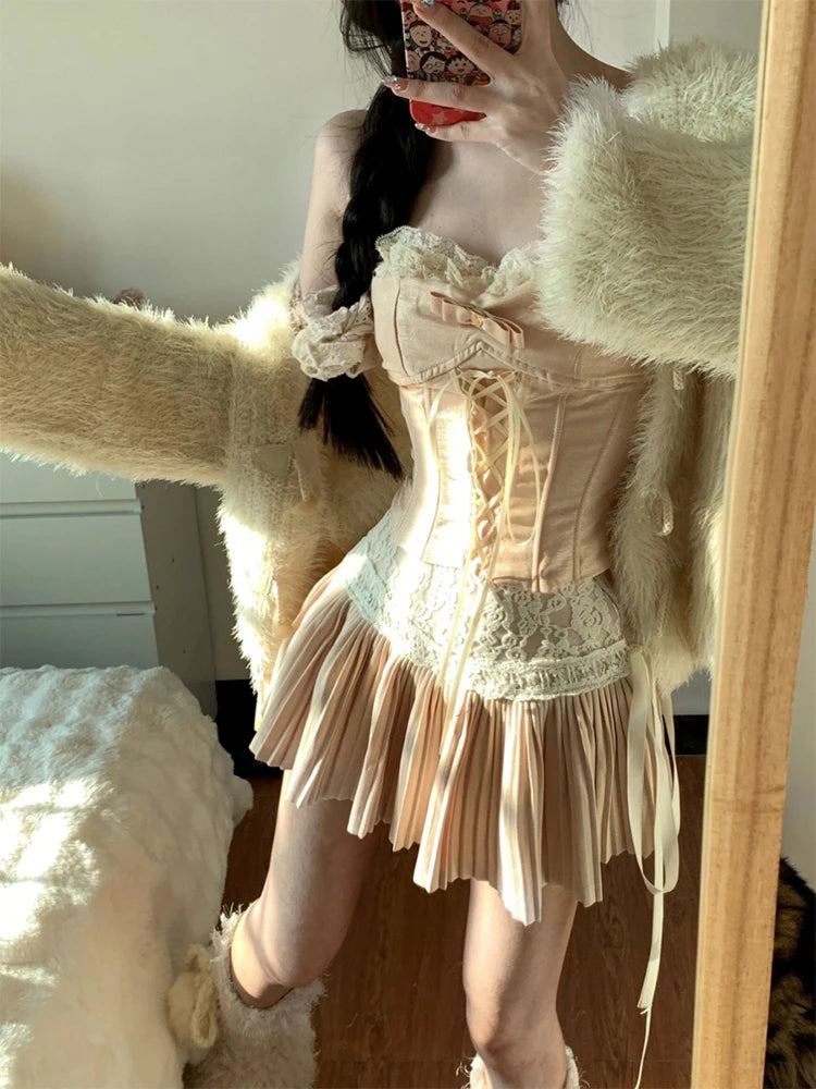 Y2k Coquette 2000s Aesthetic Ballet Core Rave Birthday Gyaru Outfits 2 Piece Set Camisole + Night Club Mini Pleated Skirts