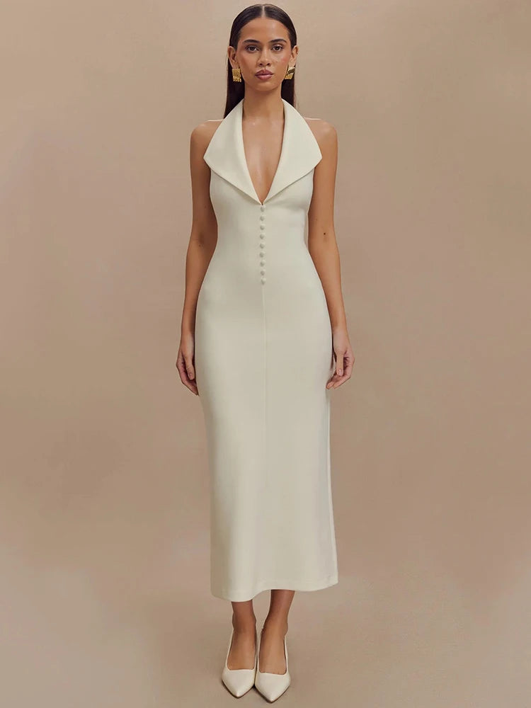 Halter Deep V Neck Sleeveless Maxi Dress for Backless Bodycon Tank Dress Femme Long Dress