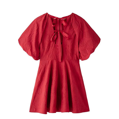 Retro Back Lace Up Mini Dresses Loose Puff Short Sleeve O-neck Dress Female Christmas Party