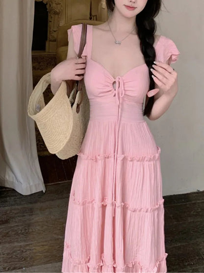 New Summer Long Dresses for Off Shoulder Aline Ruched Korean Holiday Beach Style Party Dress Robe Vestido