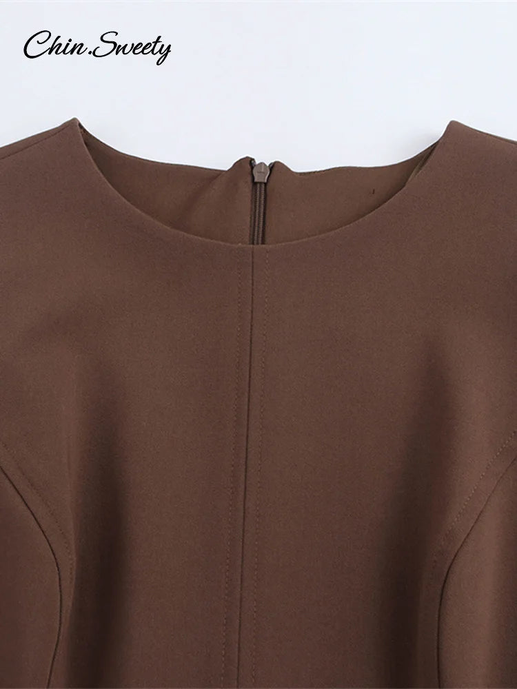 Pleated Mini Dress Brown O-neck Sleeveless a Line High Waist Party Dresses New Zipper Robes
