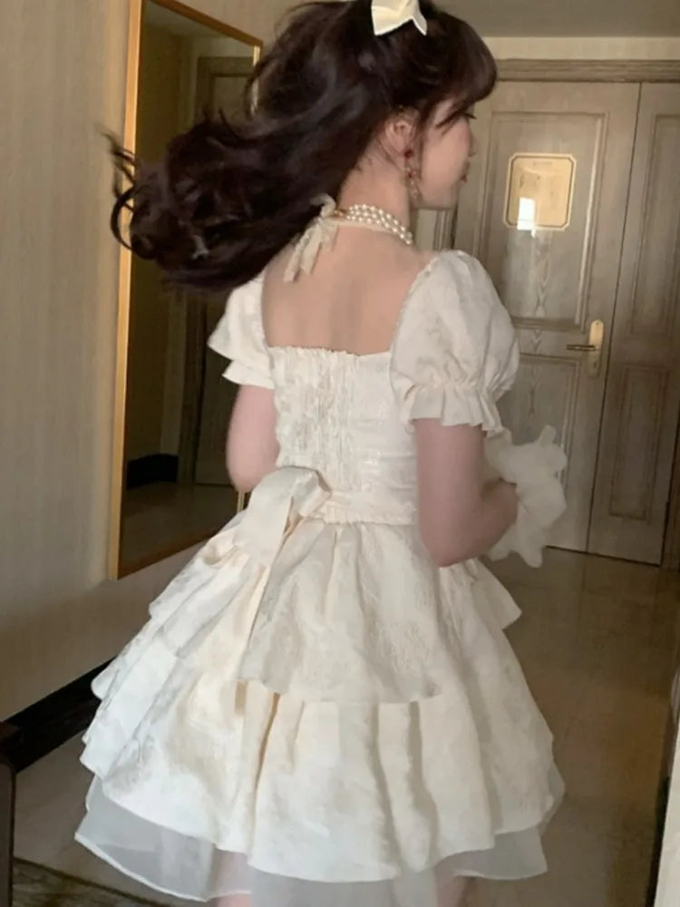 Sweet Mini Dress for Bow Puff Sleeve Princess Birthday Party Short Dresses Korean Laceup Aline Vestidos Mujer