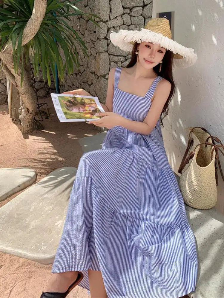 Retro Blue Stripe Party Slim Sleeveless Long Dresses Club Vacation Pleated Slip Dress Summer
