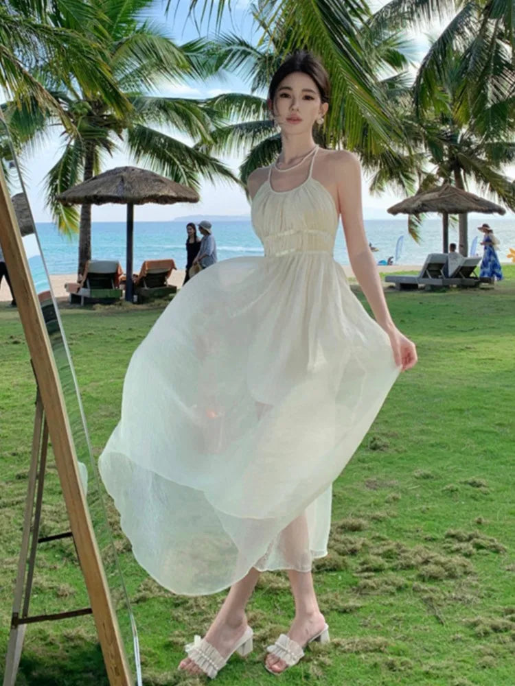 Backless Pleated Aline Long Dresses Summer Beige Slim High Waist Holiday Sleeveless Round Neck Halter Bandage Fairy Dress