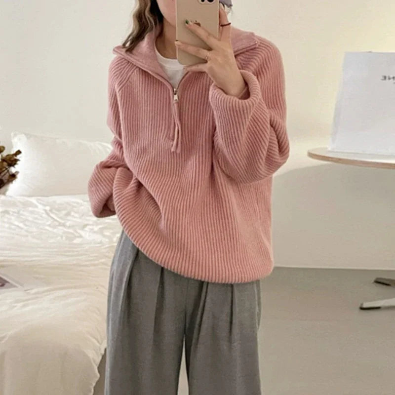 High Street Loose Thread Long Sleeve Sweater Autumn New Turn Down Collar Zipper Color Cashmere Knit Tops