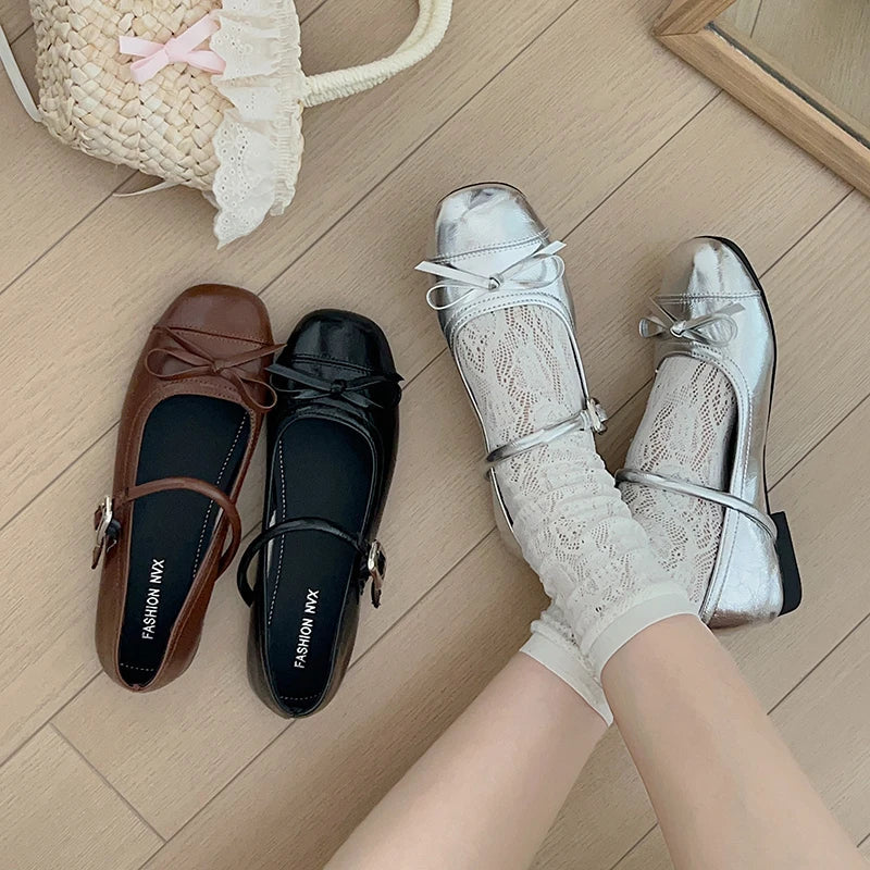 Designer Spring Mary Jane Shoes Square Toe Comfort Soft Sole Flats Comfort Ballerinas Shoes