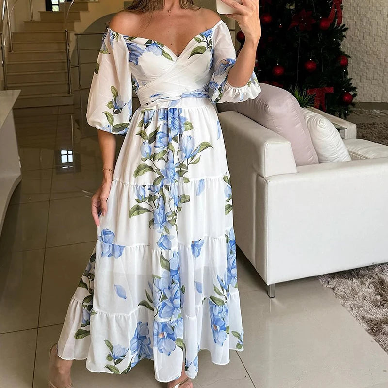 Half Sleeve Swing Beach Long Dress Female Draped Loose Party Dress Print Off Shoulder Pleat Dress