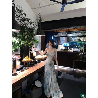 French Style Highend Dress for New Summer Unique Evening Party Dresses Printed Chiffon Suspender Long Dress.