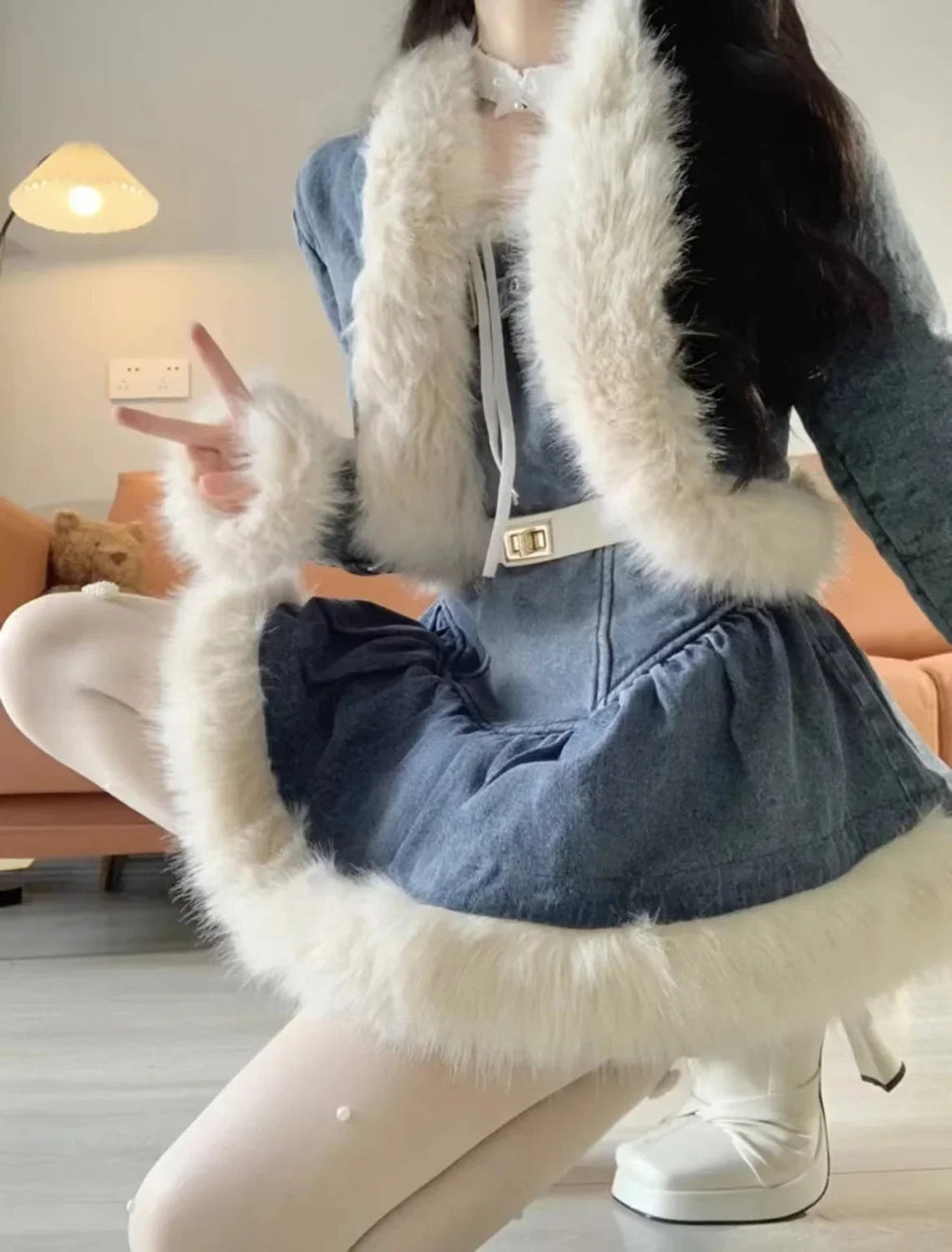 Autumn Winter Korean Temperament Patchwork Plush Denim Jacket + Slip Dress Pants Slimming Versatile 2 Pieces Set