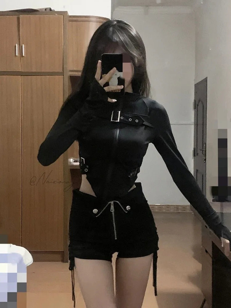 Spring New Slim Fit Black Long Sleeve Zipper Tops + High Waist Drawstring Shorts Y2k Egirl Two Piece Sets
