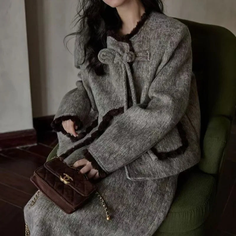 Sweet Hot Girl Suit Winter Oneck Longsleeved Coat High Waist Aline Skirt Twopiece Set Female Clothes