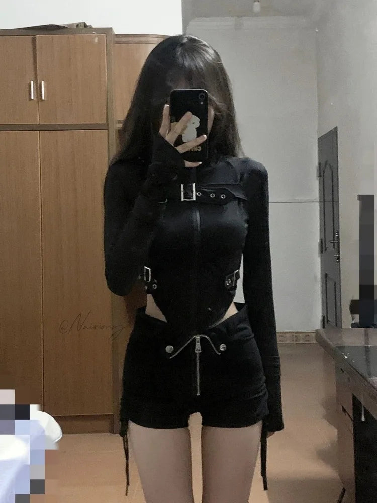Spring New Slim Fit Black Long Sleeve Zipper Tops + High Waist Drawstring Shorts Y2k Egirl Two Piece Sets