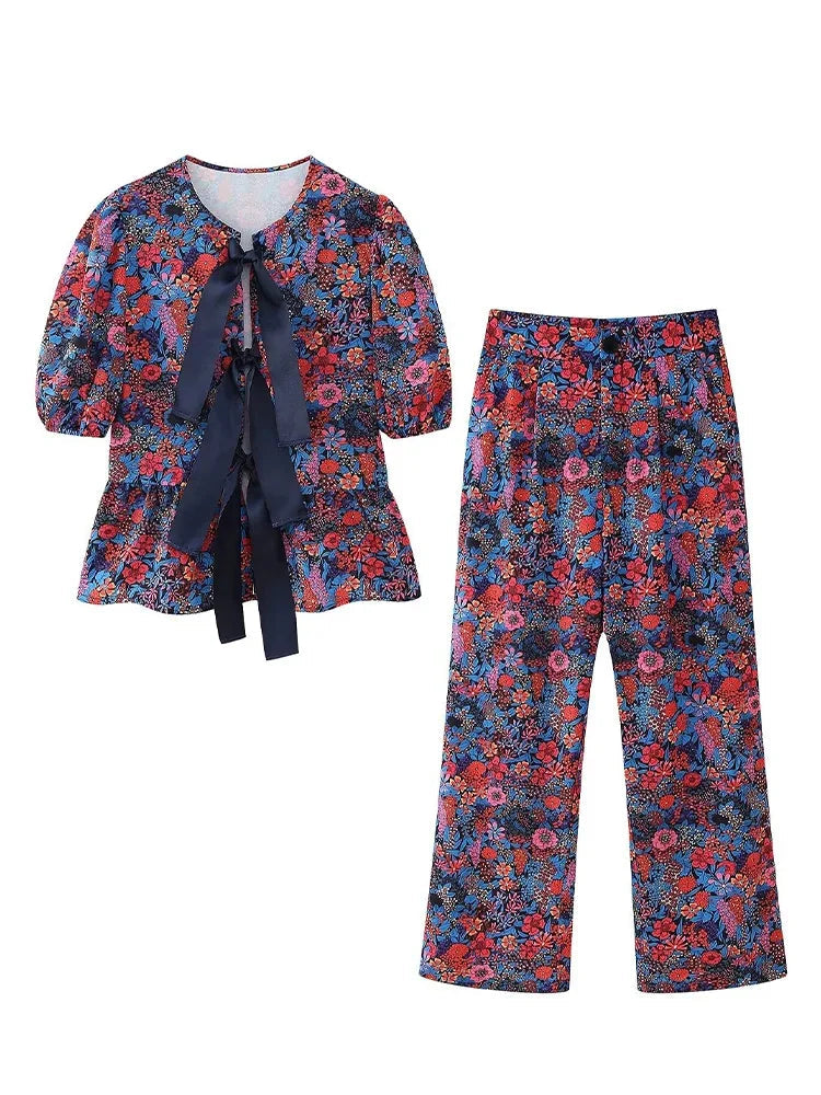 2 Piece Set Printed Lace Up Blouse Top Oneck Short Sleeve Tshirt Loose High Waist Wide Leg Pant