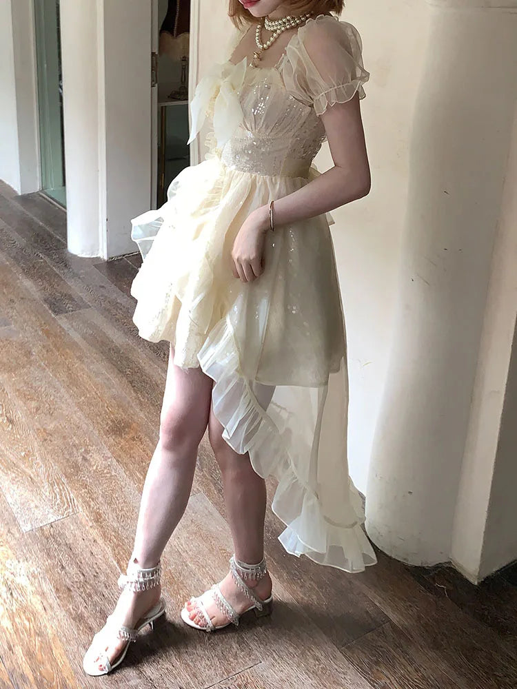 French Style Temperament Sweet for Dress New Spring Summer Sequinstighten the Waist Dress Bow Princess Mini Dress
