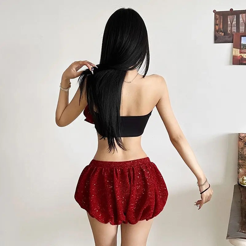 Summer Christmas Hot Girl Bow Strapless Slimming Crop Top Tube Top Shorts Set Spicy Two Piece Sets Outfits