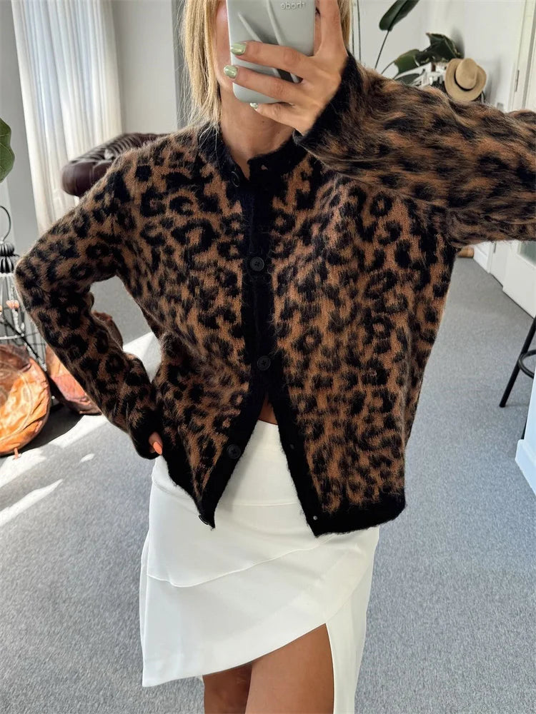 Female Leopard Cardigan Sweater Printed Contrast Loose Long Sleeve Commute Cropped Coat ’s Autumn Cardigan