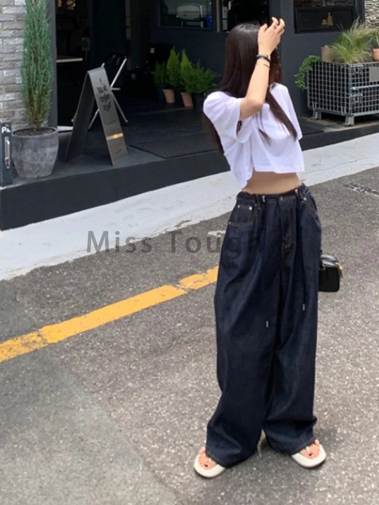 Korea High Waist Jeans New Drawstring Loose All Match Trousers Blue Design Wide Leg Pants Autumn