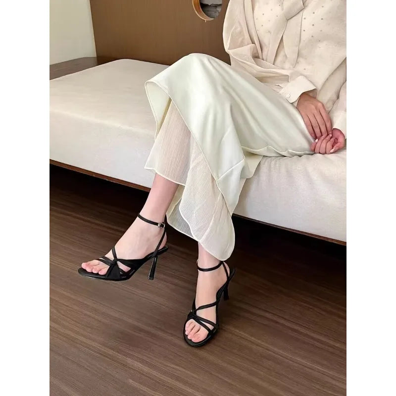 Apricot Thick Satin High Heels New Dress Singleline Buckle Stiletto Sandals French Opentoe Hollow Shoes